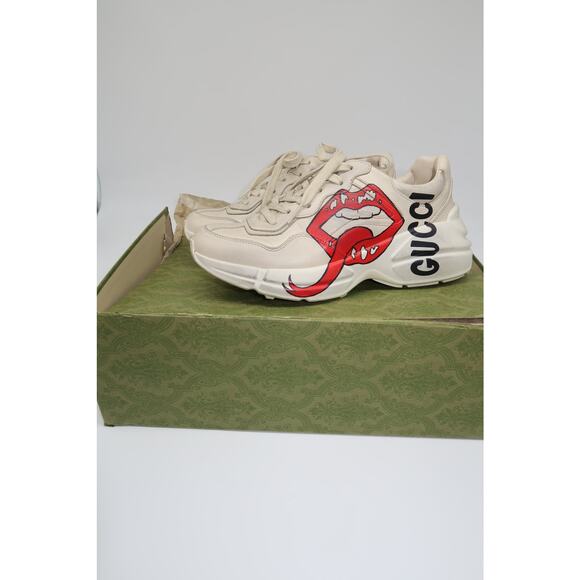 Gucci Leather Rhyton Mouth Print Lace-Up Low Top Sneakers Ivory Size 5.5 - Picture 6 of 16